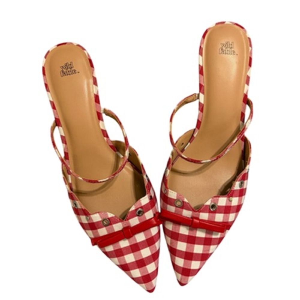 Wild Fable Flats Gingham Check Pointed Toe Womens 11 Red White Slingback Bow EUC